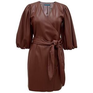 INC International Concept Faux Leather Puff Sleeve Wrap Dress Brown Size 10